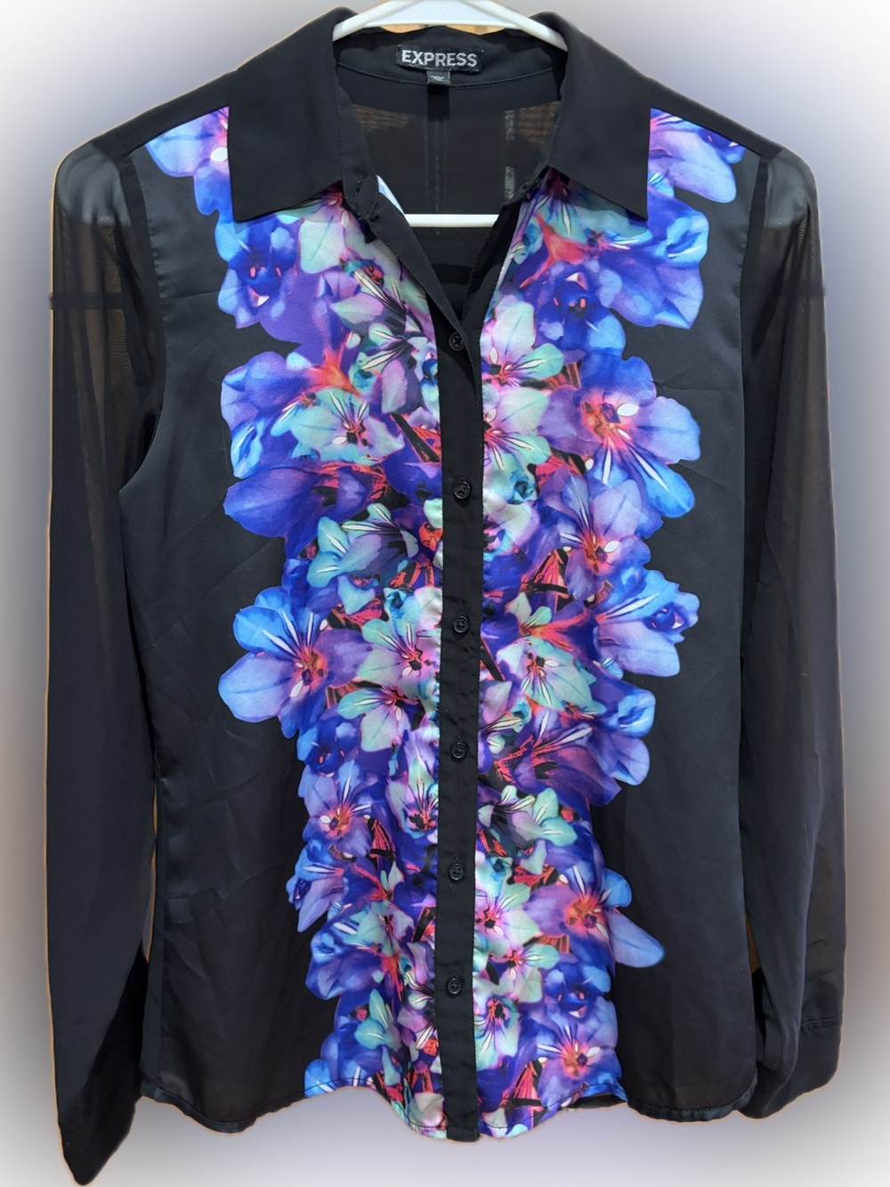 Express Black Sheer Button-Front Blouse XS